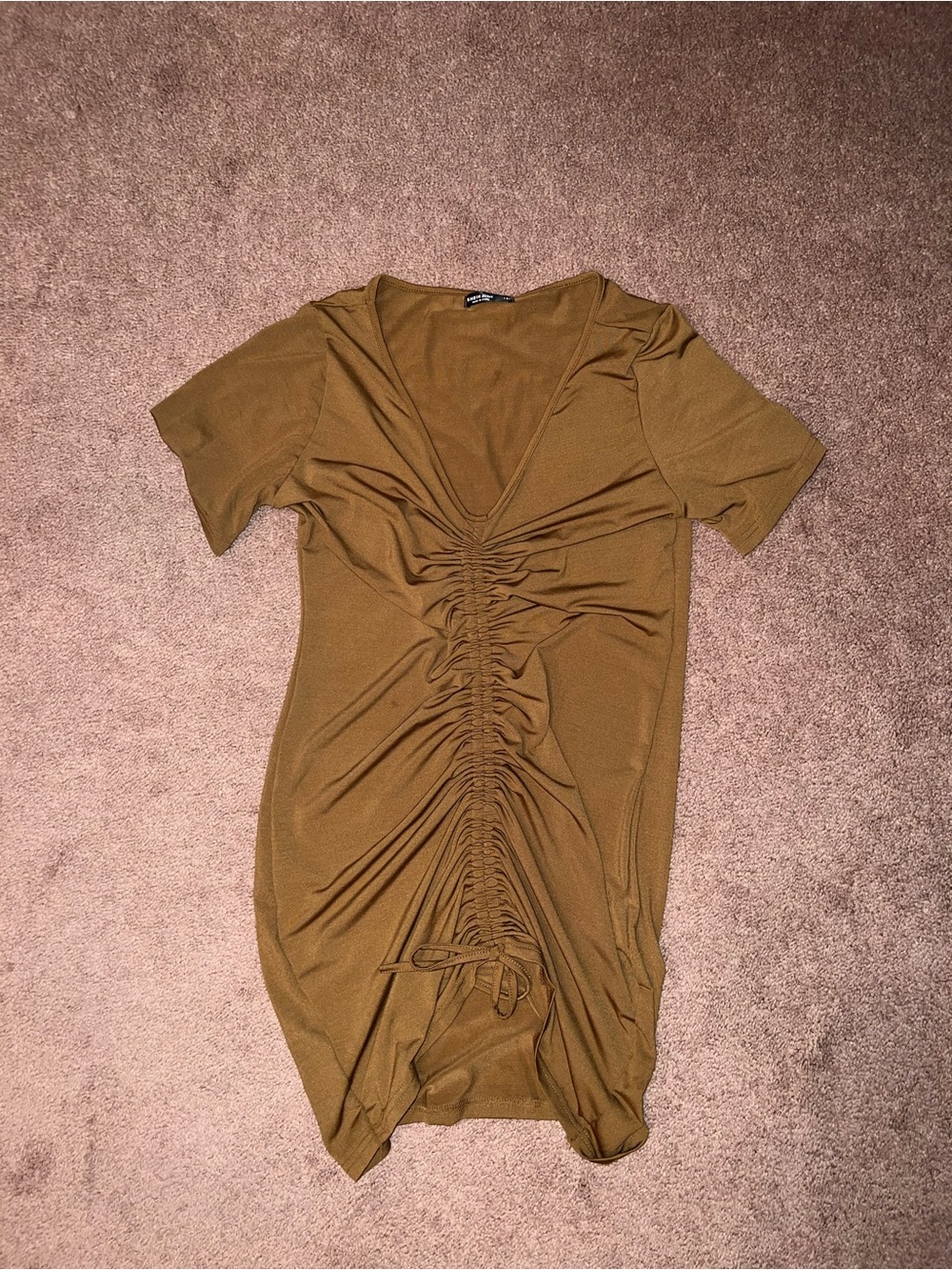 Ruched V-Neck Short Sleeve Dress - Olive Brown